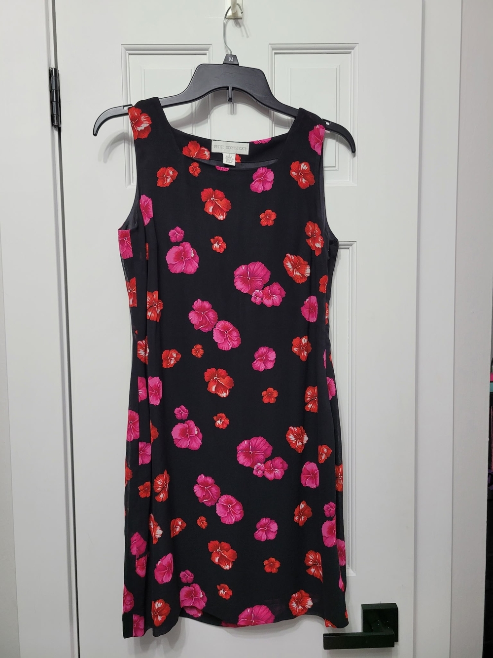 Vintage Petite Sophisticate Black Midi Dress with Pink & Red Floral Print